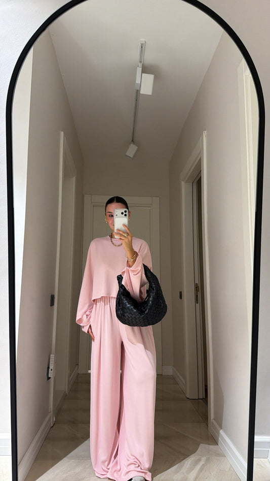 Cropped blouse Batwing Sleeve Detail Trousers Set - Pink