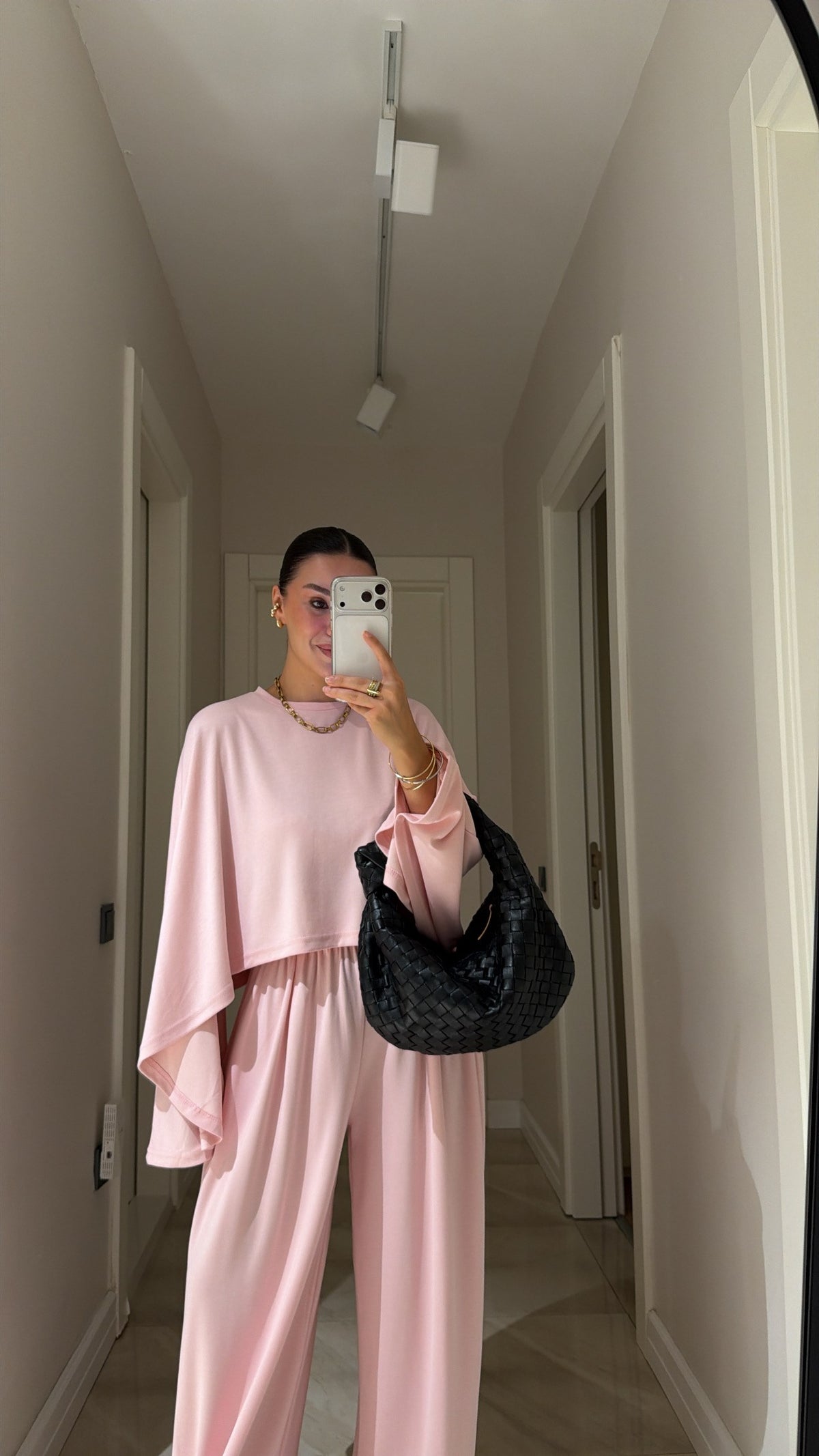 Cropped blouse Batwing Sleeve Detail Trousers Set - Pink