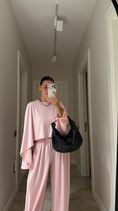 Cropped blouse Batwing Sleeve Detail Trousers Set - Pink