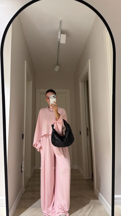 Cropped blouse Batwing Sleeve Detail Trousers Set - Pink