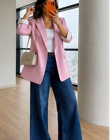 Oversized linen blazer with striped lining - pink