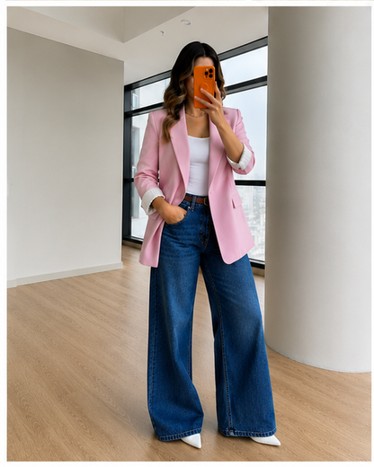Oversized linen blazer with striped lining - pink