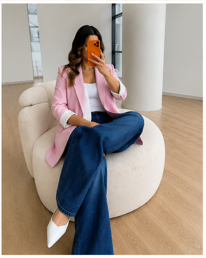 Oversized linen blazer with striped lining - pink