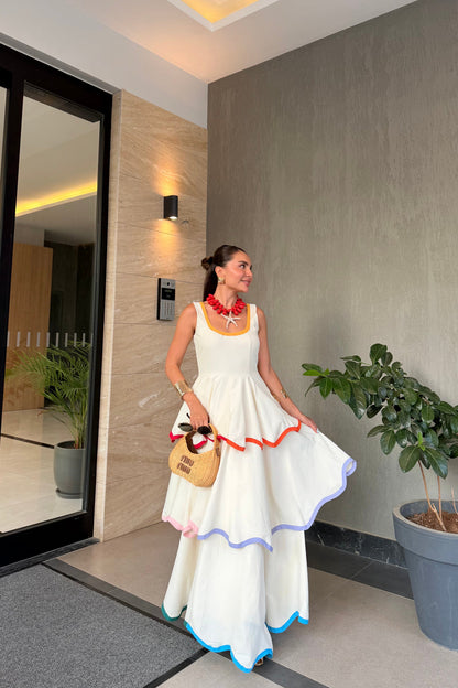 Colorful Trimmed Layered Ecru Dress ( Restock 6th of August)