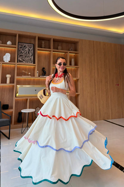 Colorful Trimmed Layered Ecru Dress ( Restock 6th of August)