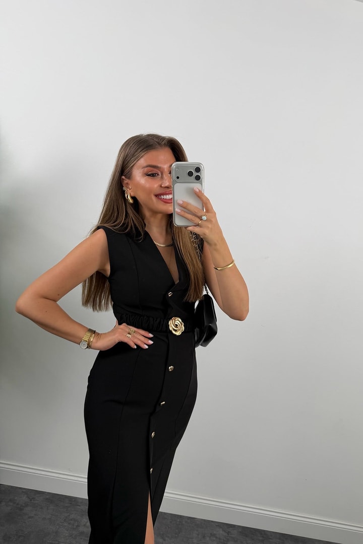 Gold buttons Belted dress