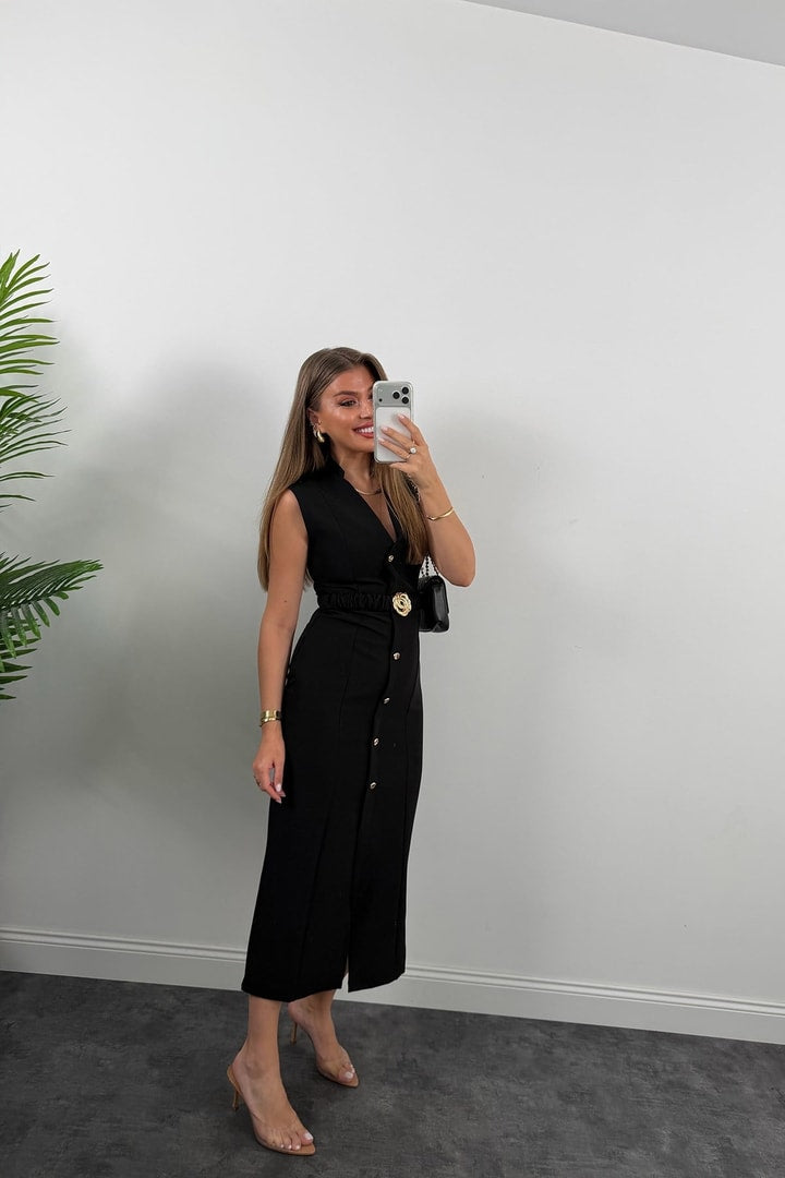 Gold buttons Belted dress