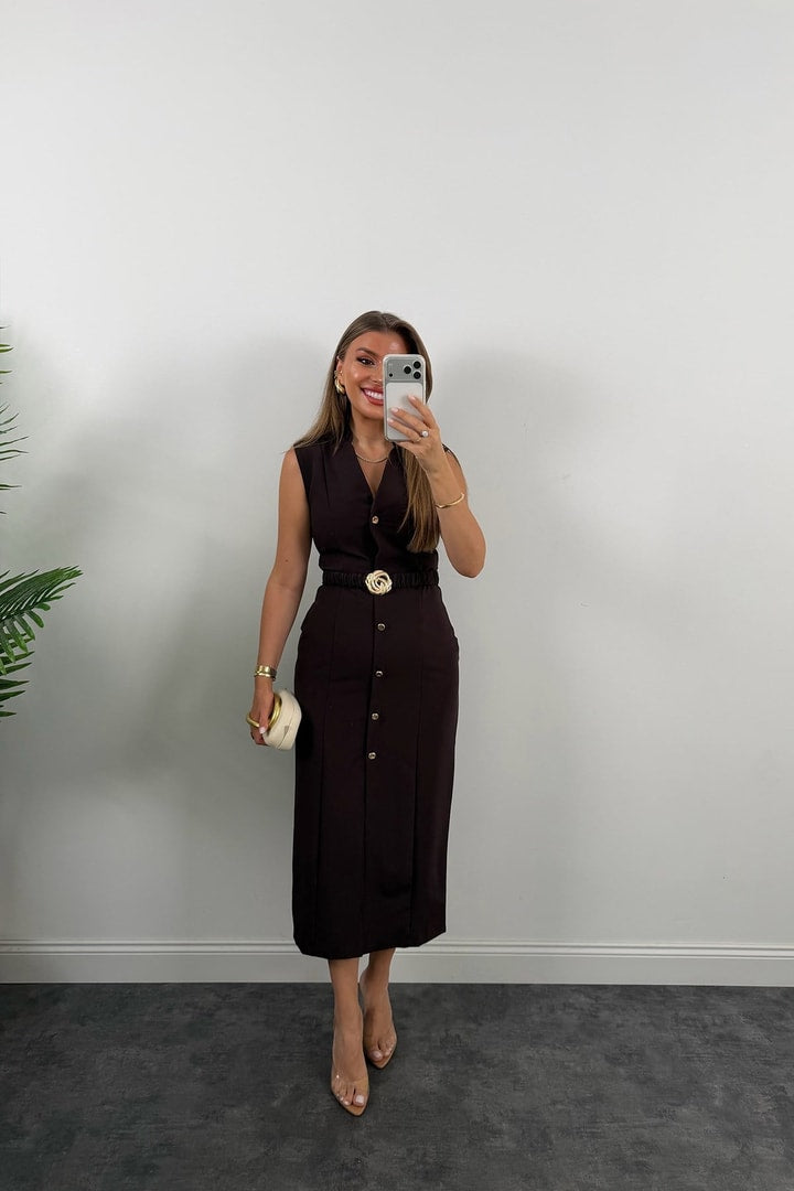 Gold buttons Belted dress
