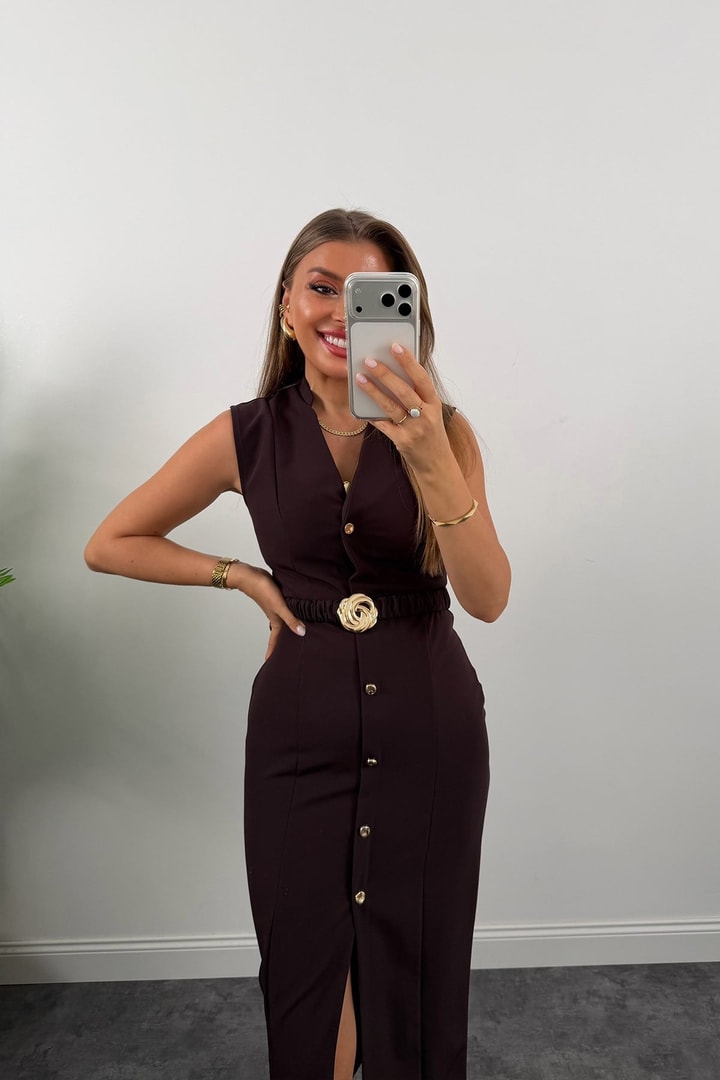 Gold buttons Belted dress