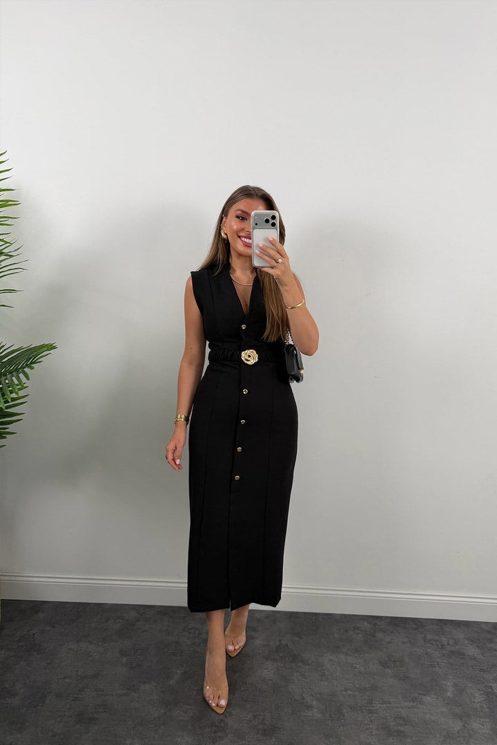 Gold buttons Belted dress