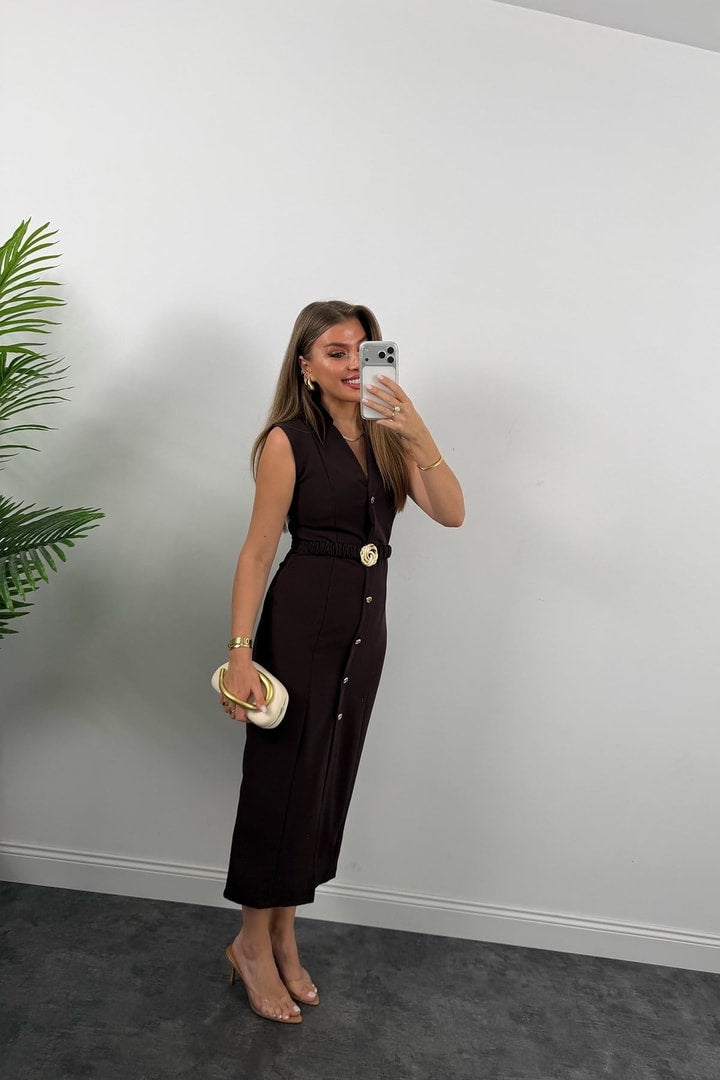 Gold buttons Belted dress