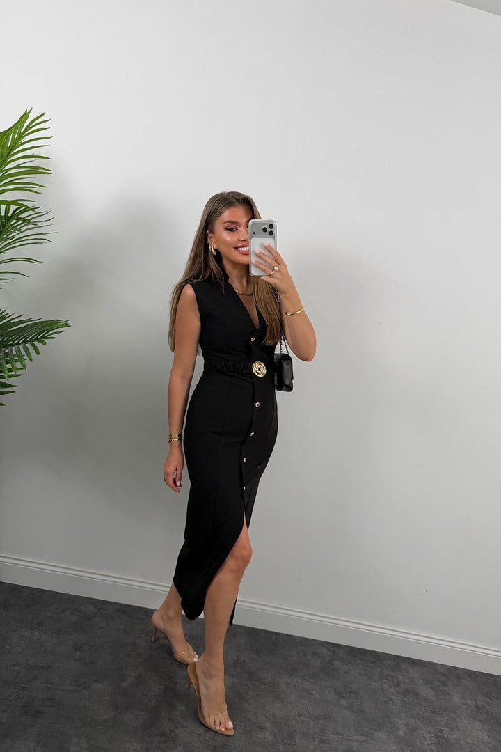 Gold buttons Belted dress