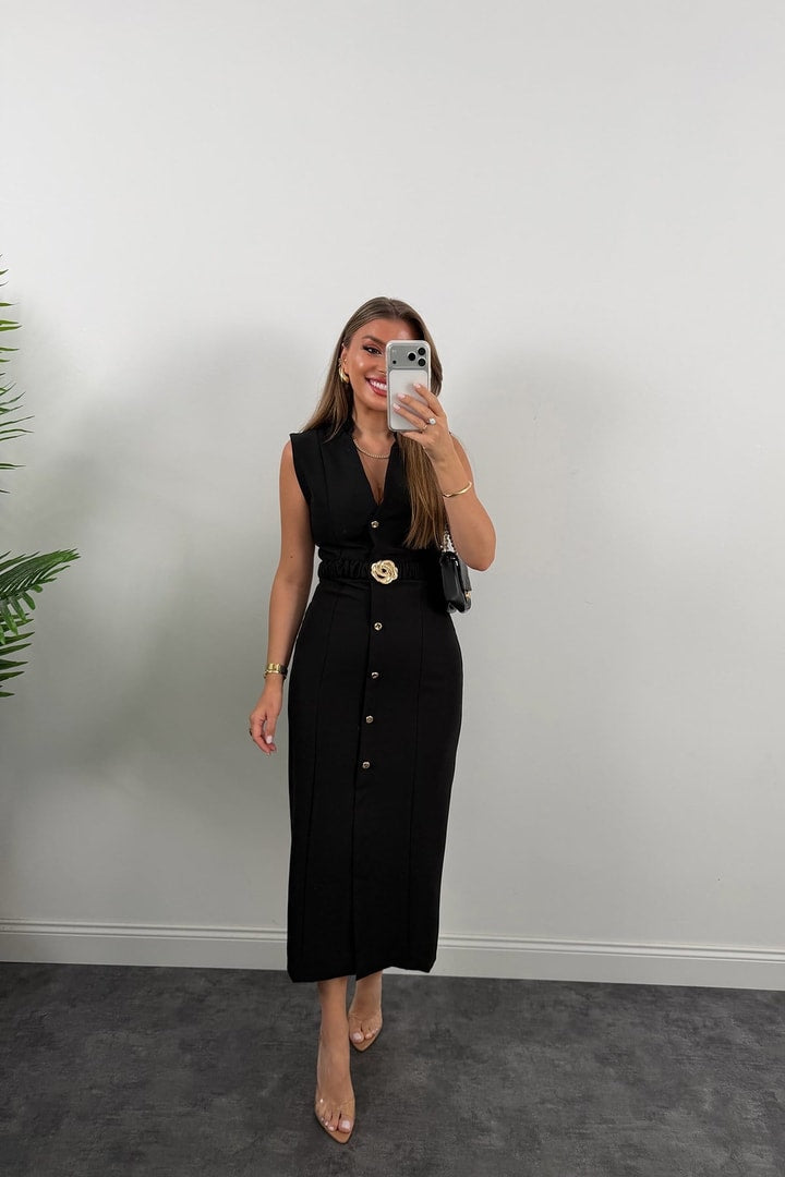 Gold buttons Belted dress