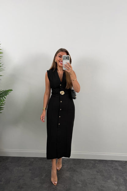Gold buttons Belted dress