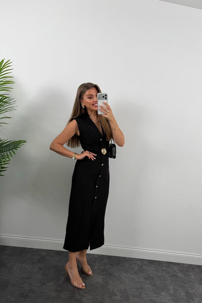 Gold buttons Belted dress