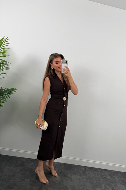Gold buttons Belted dress