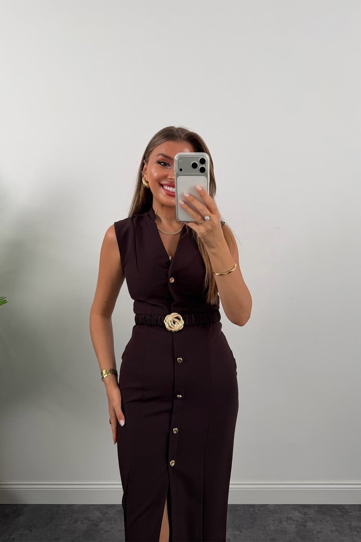 Gold buttons Belted dress