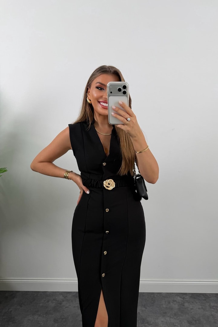 Gold buttons Belted dress