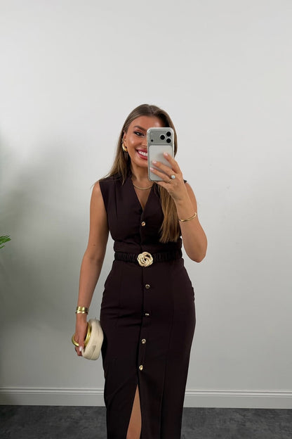 Gold buttons Belted dress