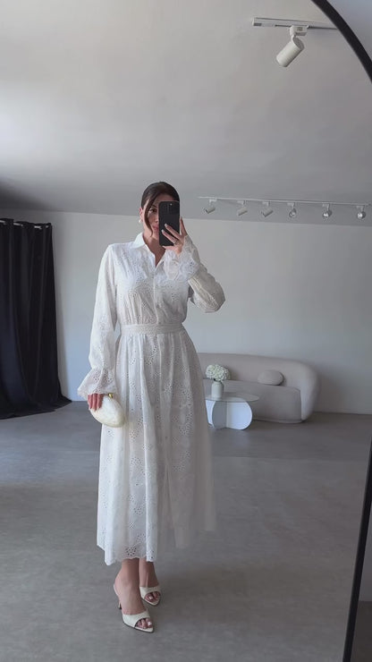Belted Openwork embroidery dress with ruffle sleeves