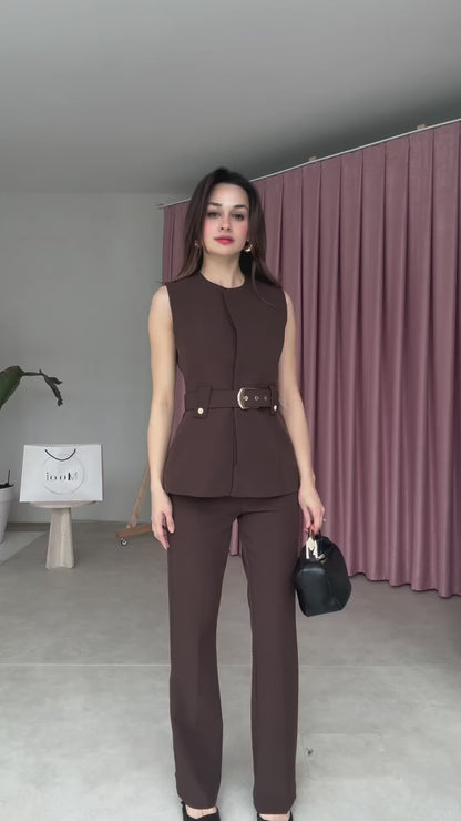 Belted vest ,straight leg trouser suit
