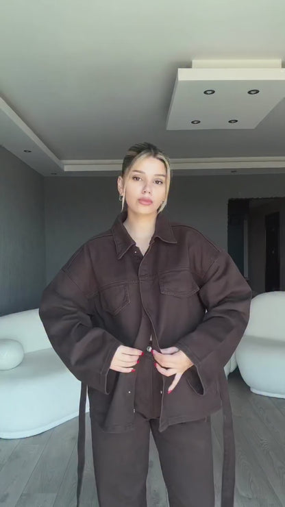 Brown Belted jeans co-ord set