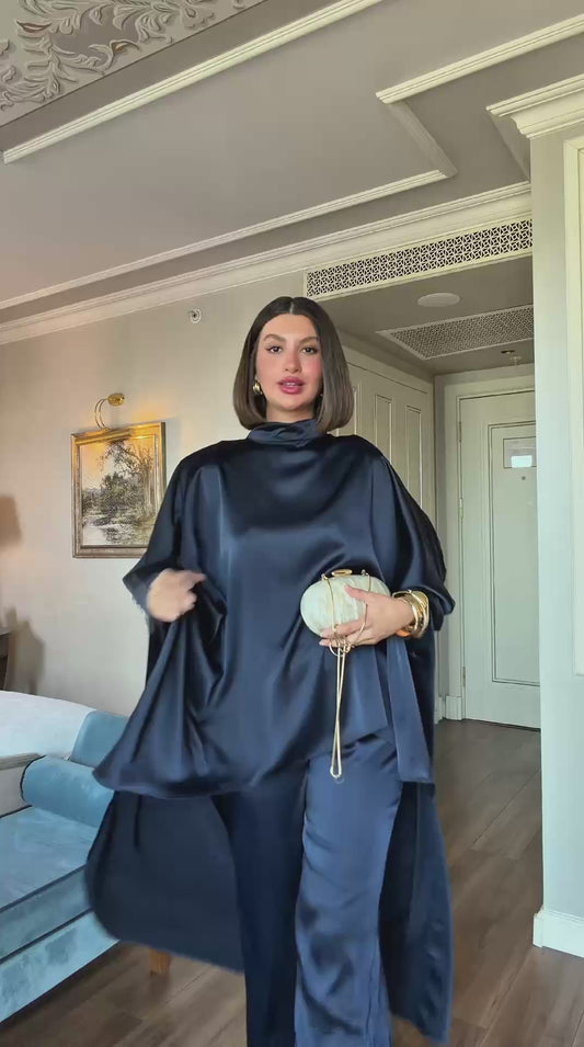 Elegant Asymmetrical Cape Set - navy blue