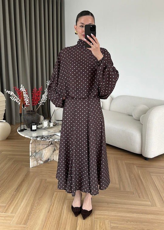 Polka Dots Bell Skirt Set - brown