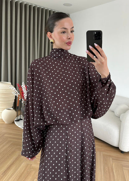 Polka Dots Bell Skirt Set - brown