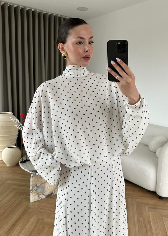 Polka Dots Bell Skirt Set-white with brown dots