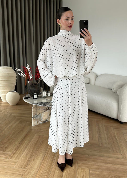 Polka Dots Bell Skirt Set-white with brown dots