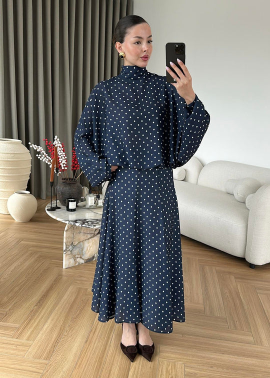 Polka Dots Bell Skirt Set - navy blue
