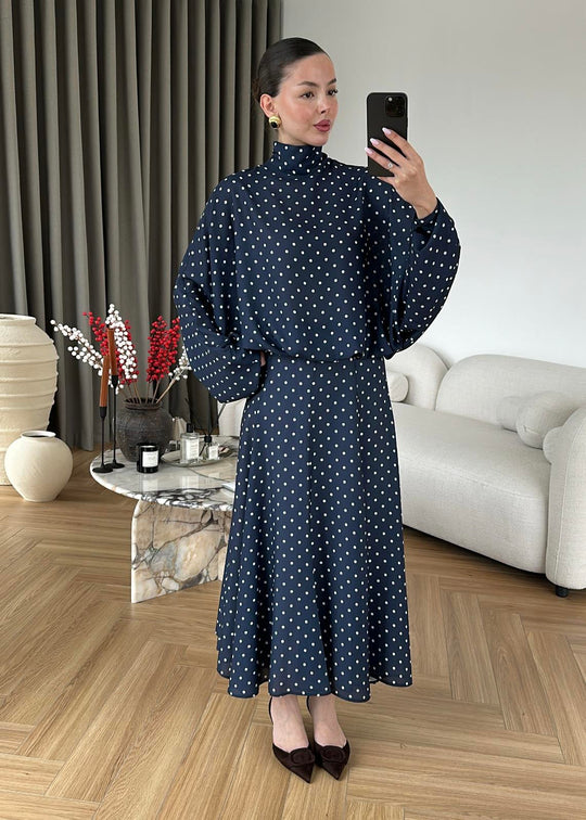 Polka Dots Bell Skirt Set - navy blue