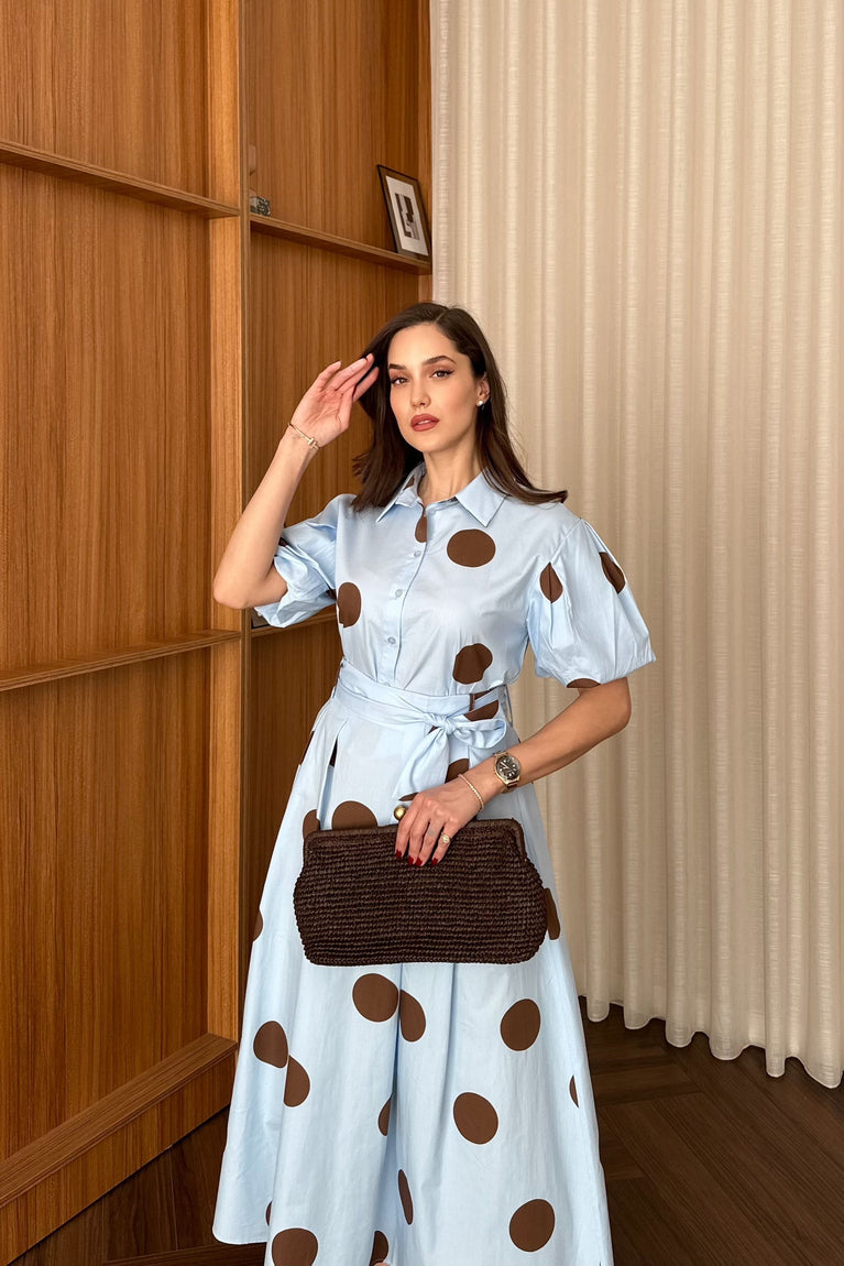 Polka Dot short sleeve shirt with tie-waist skirt set - blue