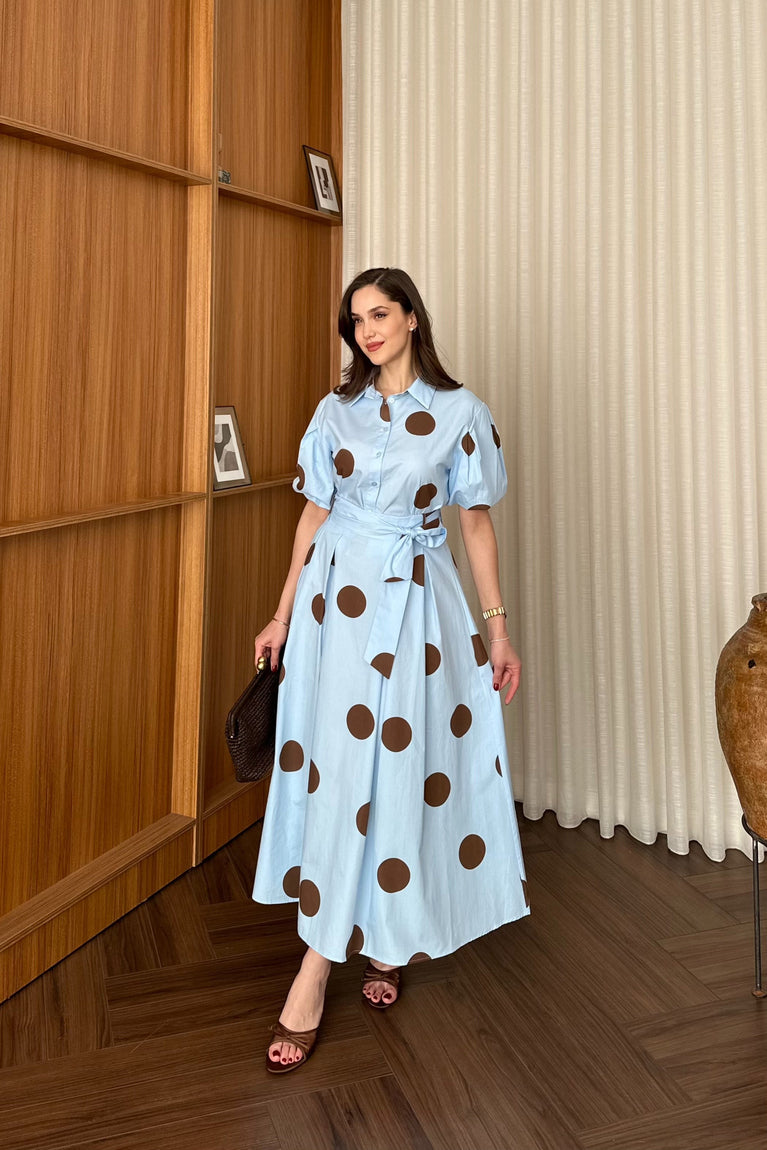 Polka Dot short sleeve shirt with tie-waist skirt set - blue