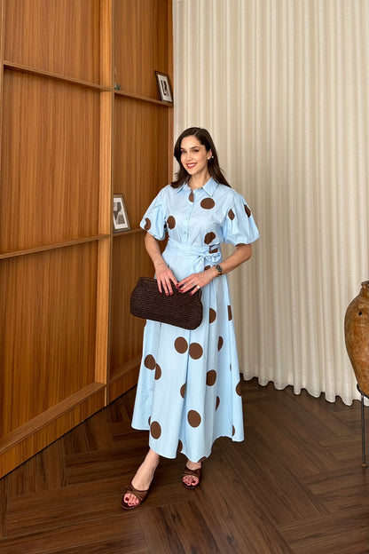 Polka Dot short sleeve shirt with tie-waist skirt set - blue