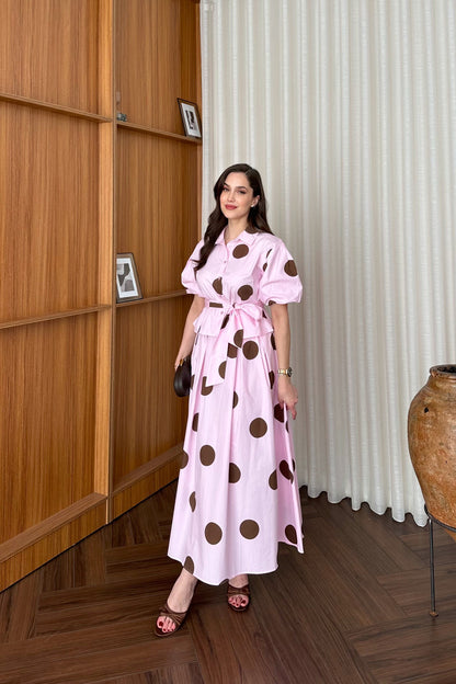 Polka Dot short sleeve shirt with tie-waist skirt set - pink