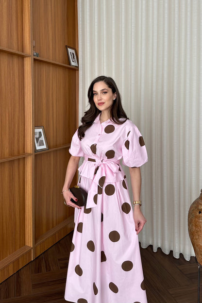 Polka Dot short sleeve shirt with tie-waist skirt set - pink