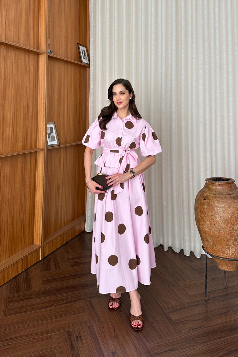 Polka Dot short sleeve shirt with tie-waist skirt set - pink
