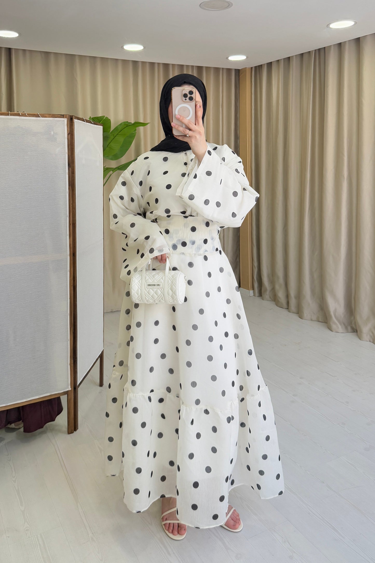 Polka Dot Maxi Skirt Set with a Wide-Sleeve Buttoned Blouse