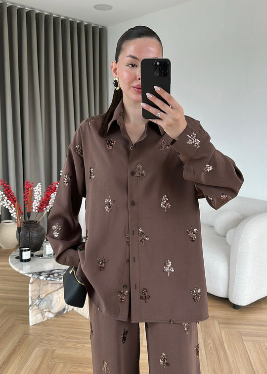 Sequined modal Premium Set, Dark Brown