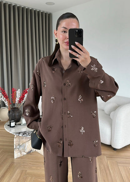 Sequined modal Premium Set, Dark Brown