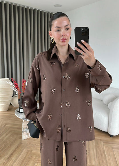 Sequined modal Premium Set, Dark Brown