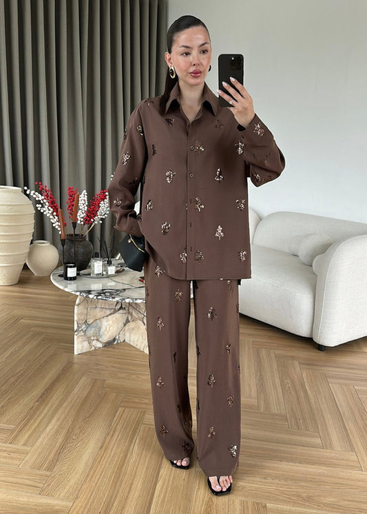 Sequined modal Premium Set, Dark Brown