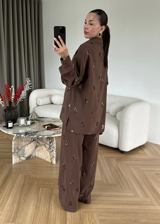 Sequined modal Premium Set, Dark Brown