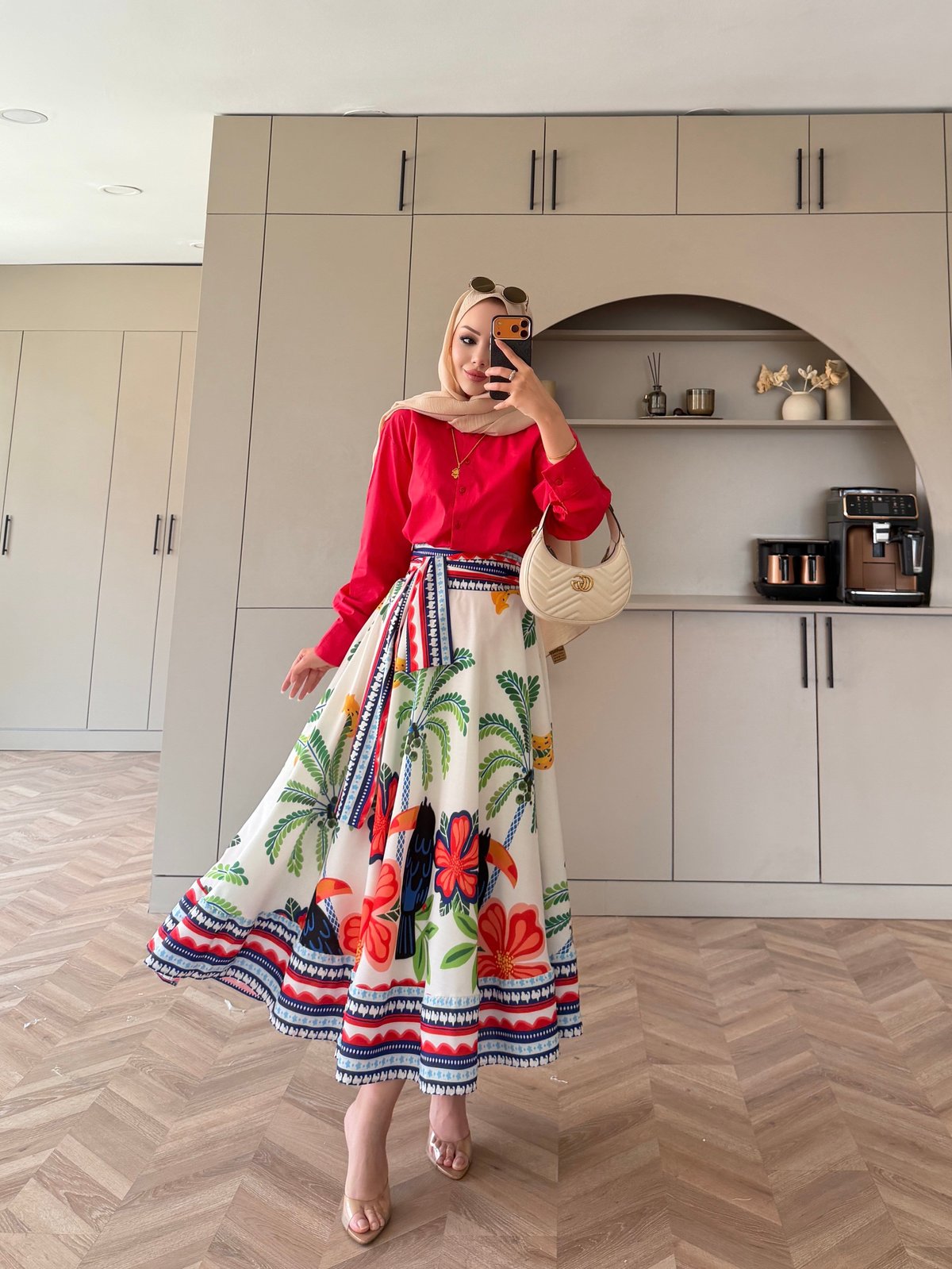 Poplin shirt with belted printed skirt co-ord set