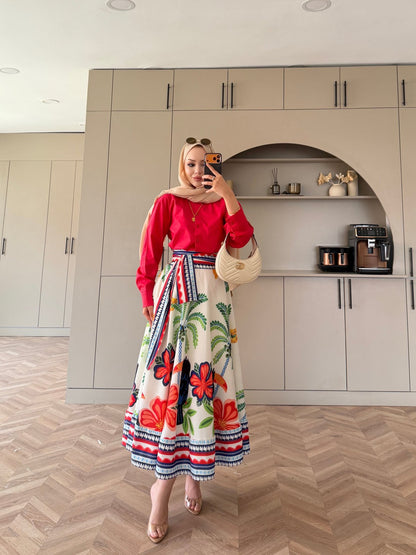 Poplin shirt with belted printed skirt co-ord set