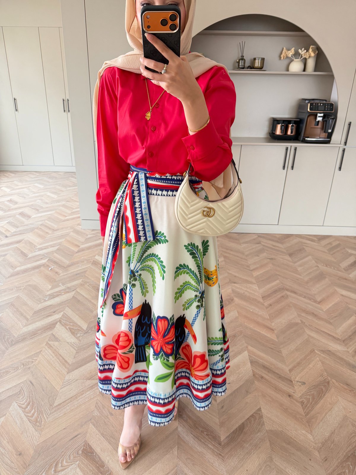 Poplin shirt with belted printed skirt co-ord set