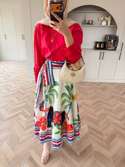 Poplin shirt with belted printed skirt co-ord set