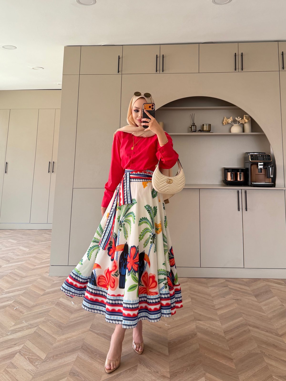 Poplin shirt with belted printed skirt co-ord set